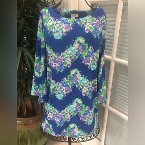 💙💚💜🩵 Blue Floral Sheath Dress with 3/4 Bell Sleeves.